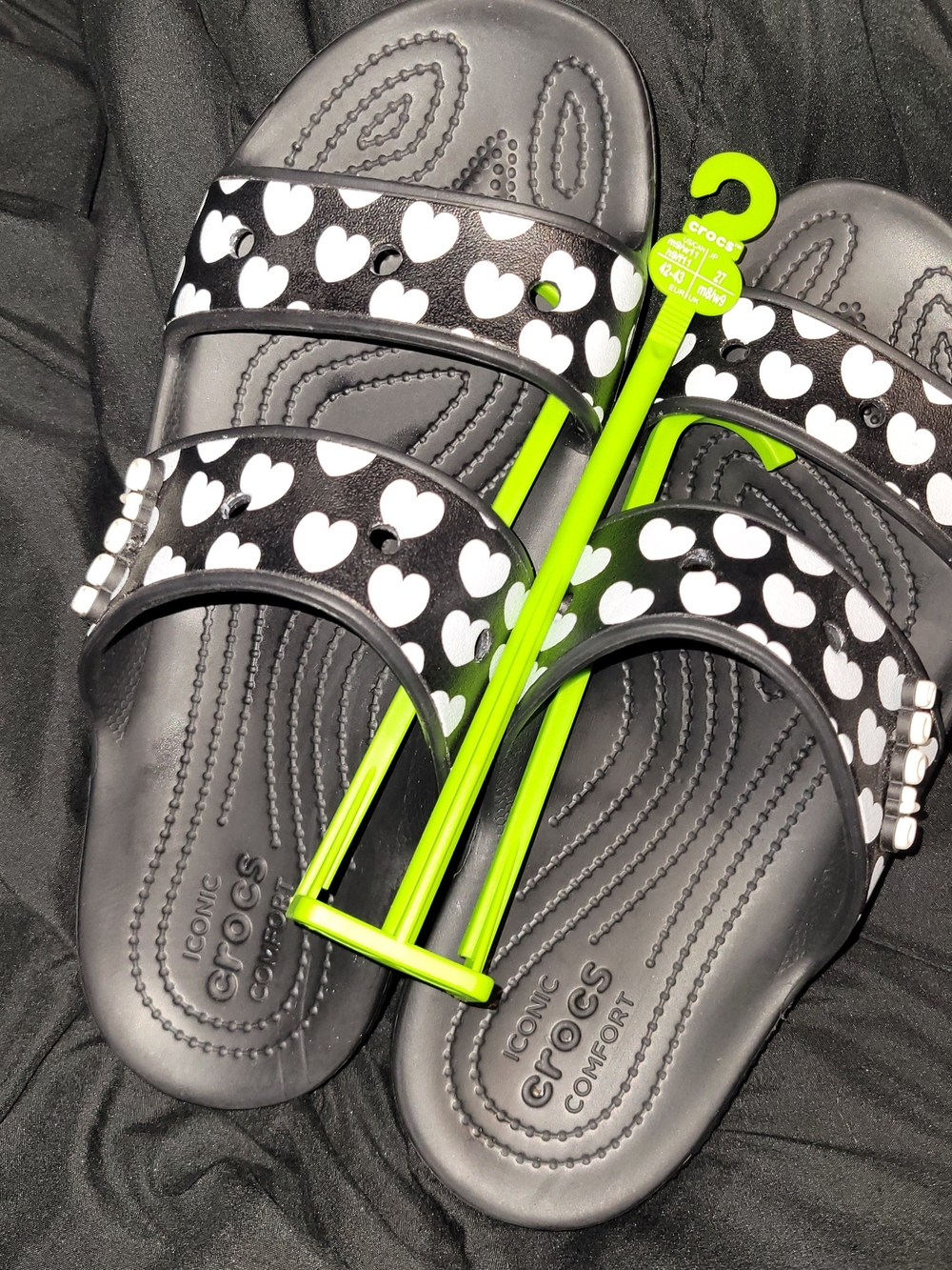 CROCS Black Slide Sandals with White Heart Print
